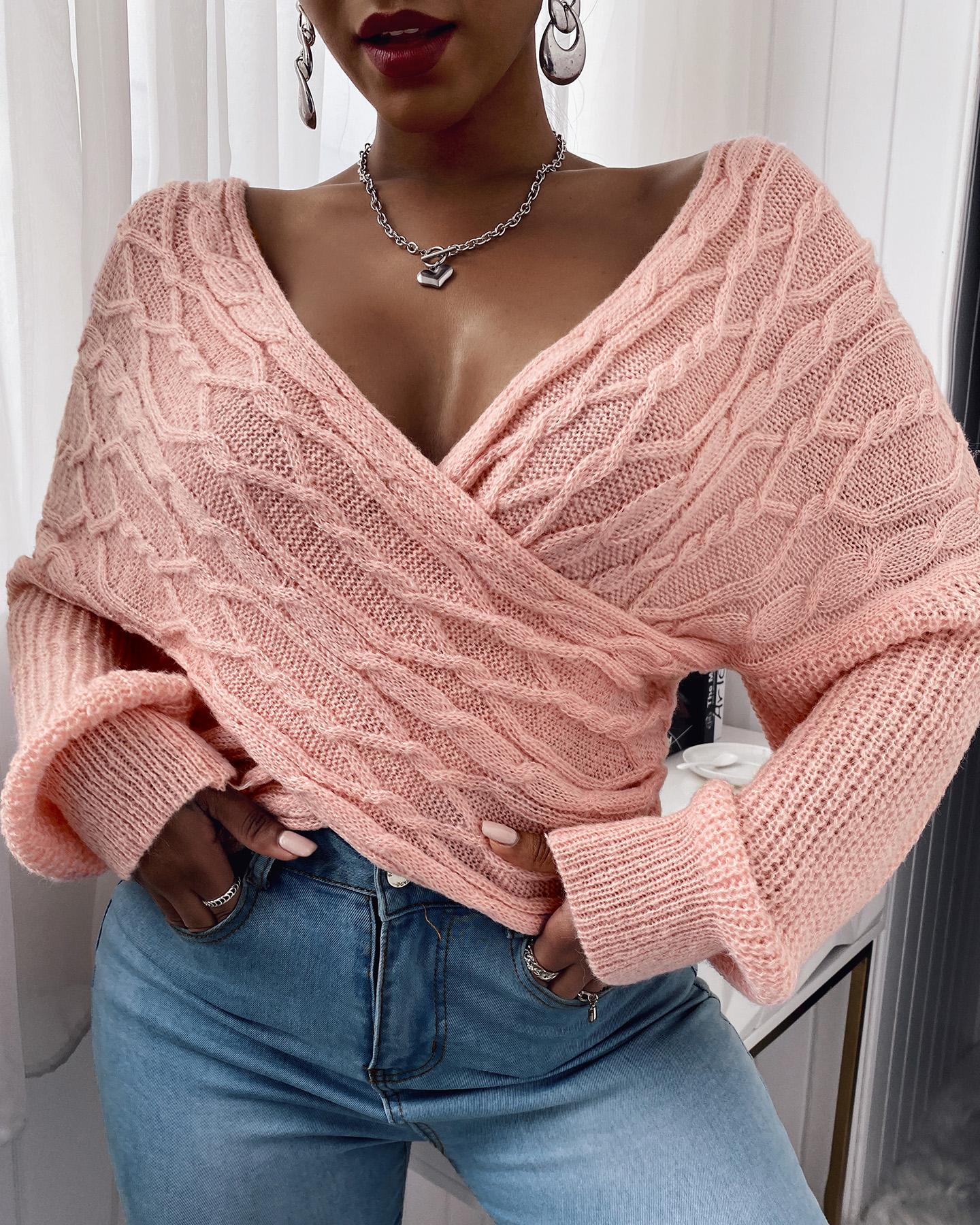 

Plain Cable Knit Wrap Sweater, Pink