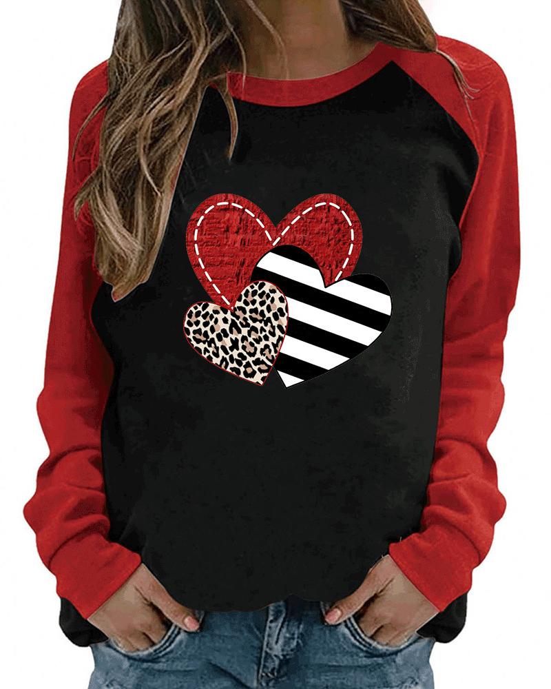 

Valentine's Day Long Sleeve Striped Heart Cheetah Print Top, Black