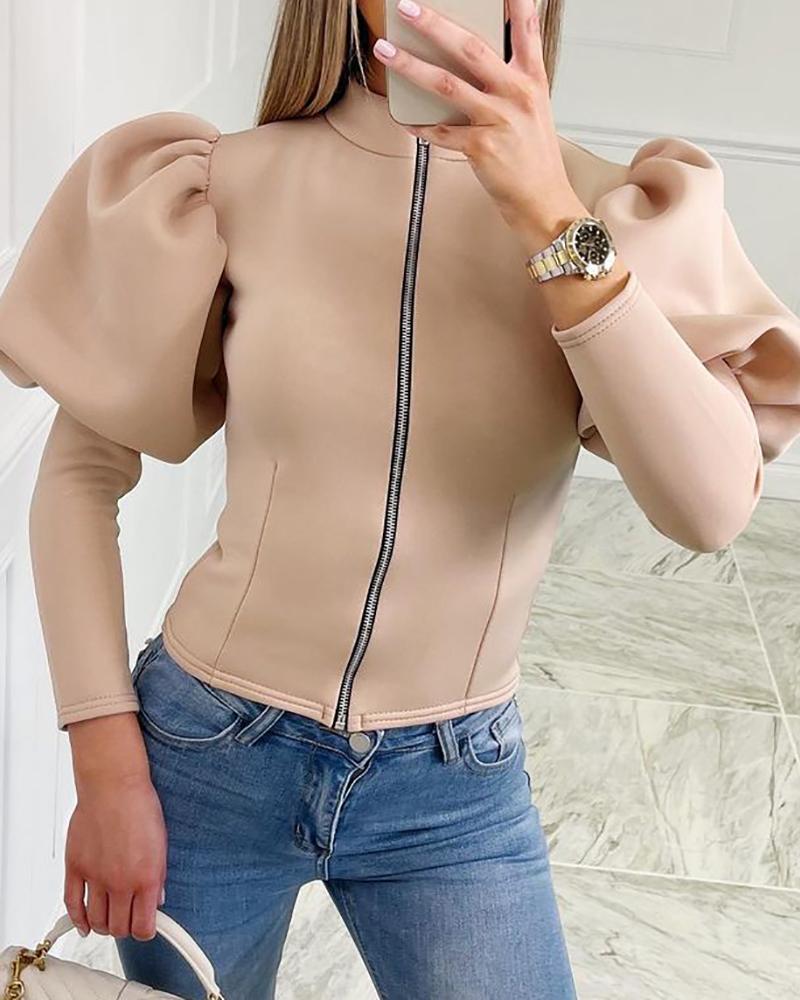 

Zipper Front Long Sleeve Plain Top, Apricot