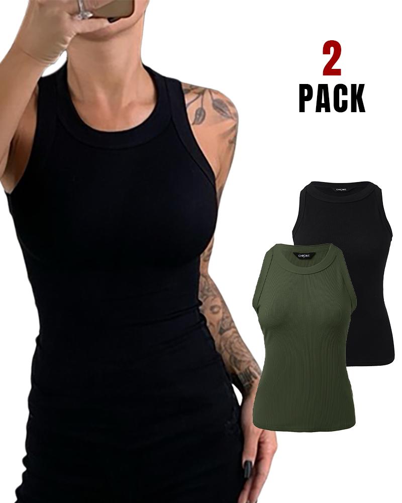 

2-Pack Round Neck Thick Strap Racerback Ribbed Tank Slim Fit Tops without Bra Pads, Style2