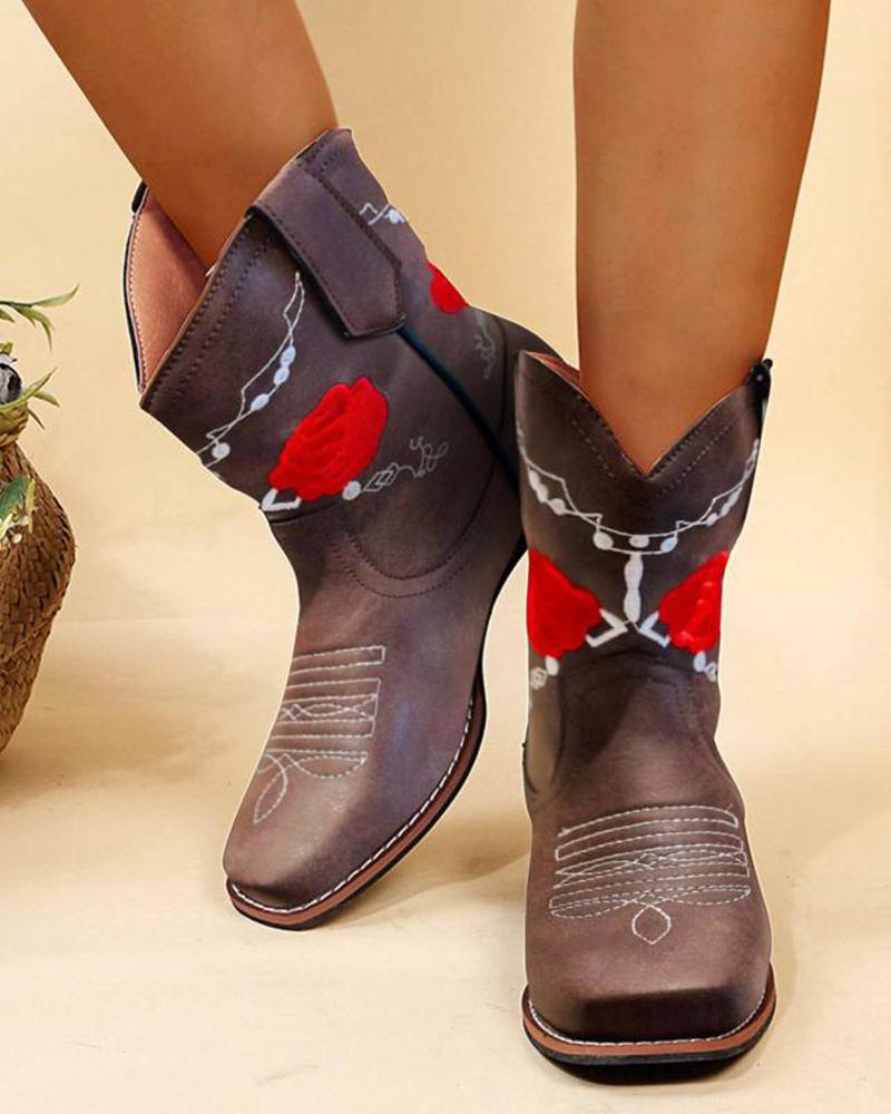 

Floral Embroidery Square Toe Boots, Brown