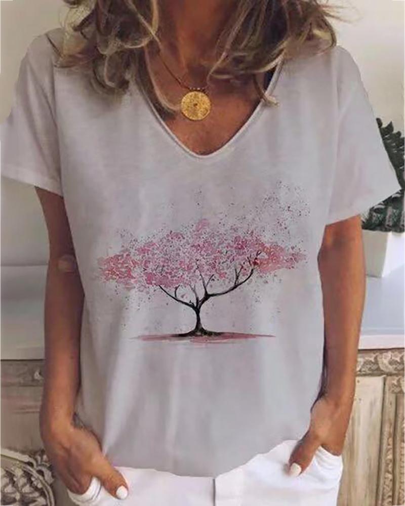 

Tree Print V-neck Casual T-shirt, Gray