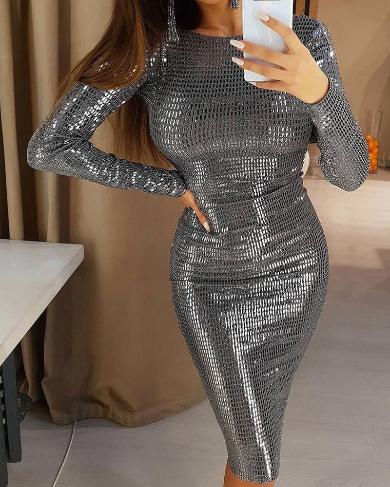 

Long Sleeve Backless Skinny Sequin Dress, Silver