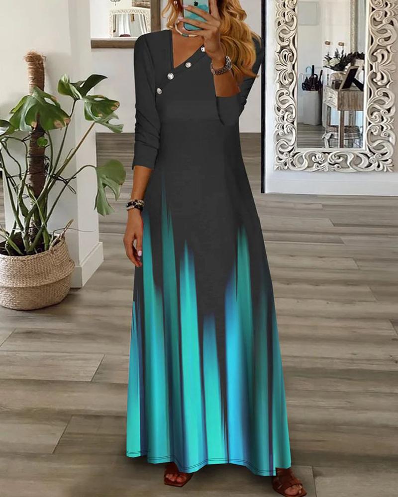 

Ombre Print Asymmetrical Neck Casual Maxi Dress, Black