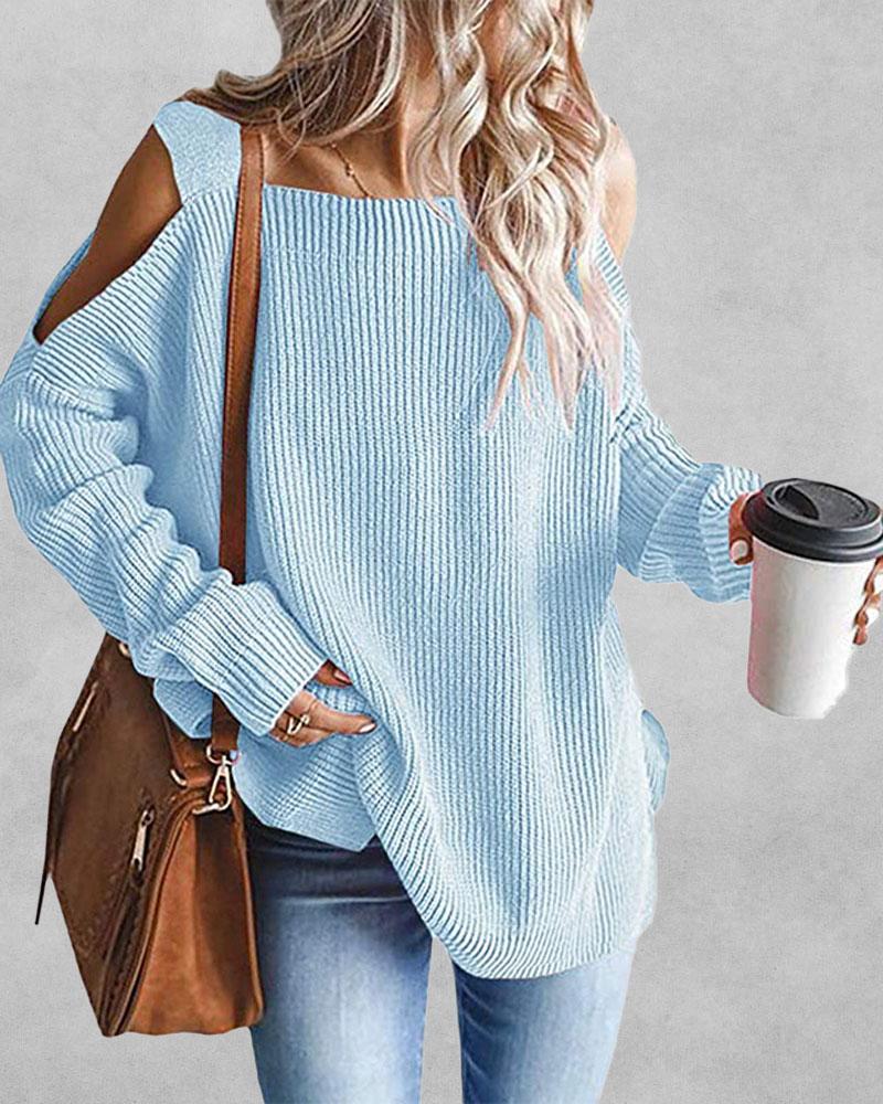 

Cold Shoulder Chunky Knit Sweater, Lighted blue