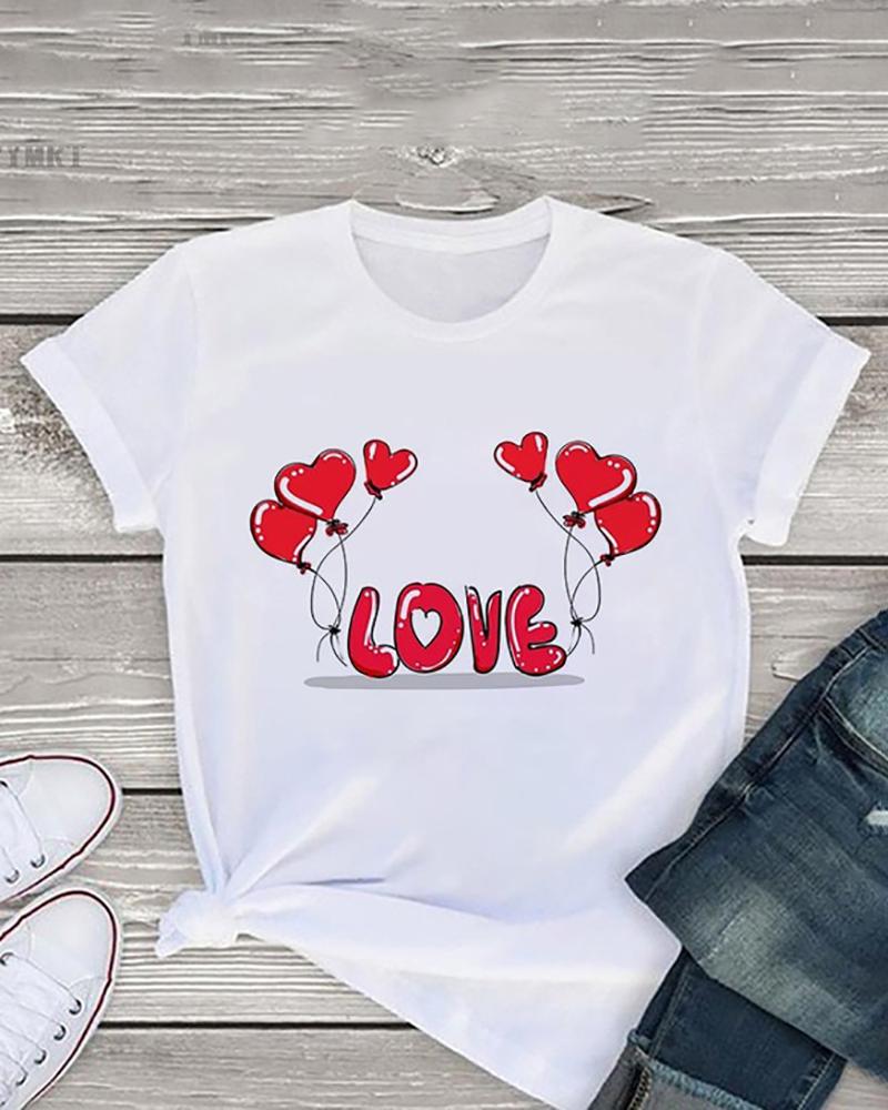 

Valentine's Day O-Neck Heart Print Short Sleeve T-shirt, Style2
