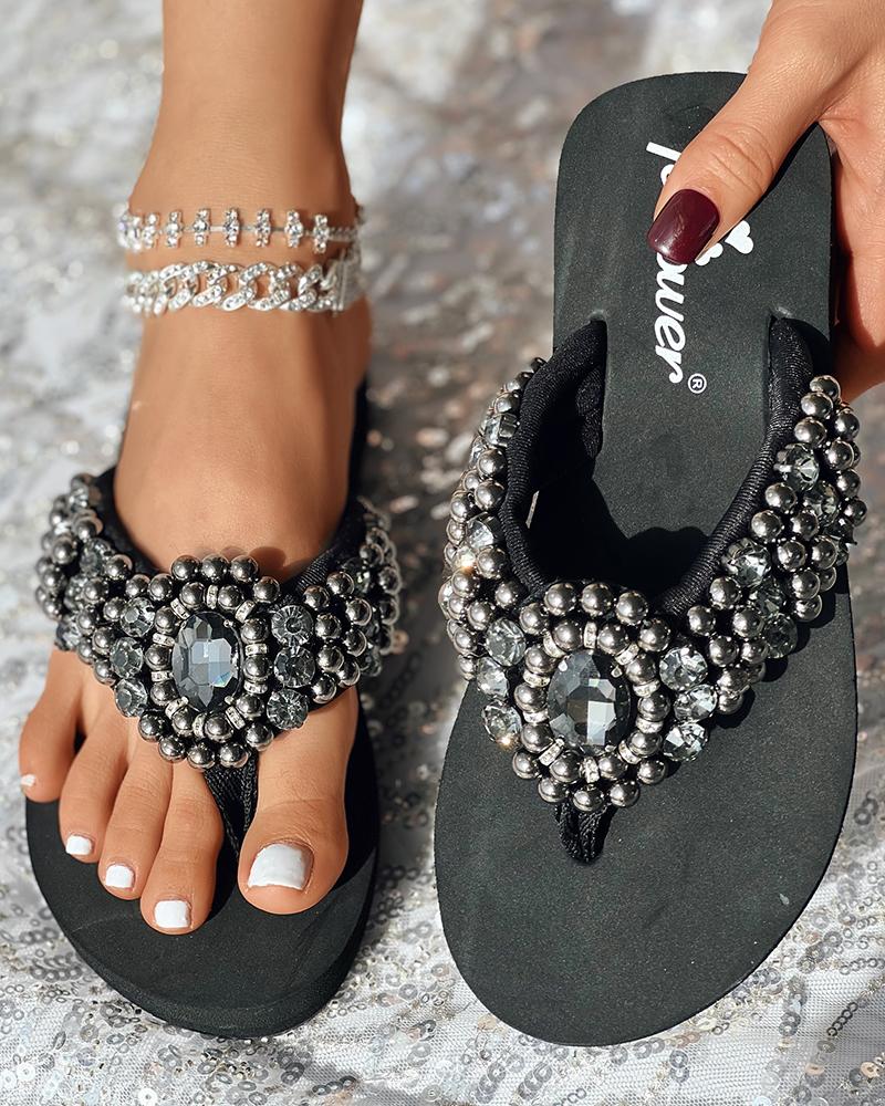 

Gem Stone Beaded Toe Post Platform Flip Flops, Black