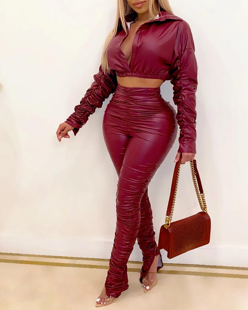 

PU Leather Ruched Crop Top & High Waist Pants Set, Wine red
