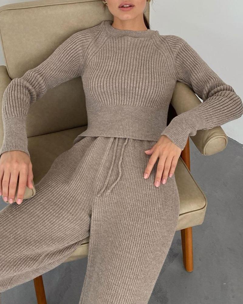 

Ribbed Plain Long Sleeve Top & Drawstring Pants Set, Gray