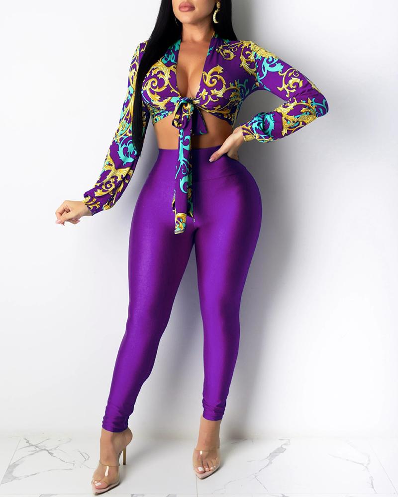 

Graphic Print Tie Front Crop Top & Plain Pants Set, Purple