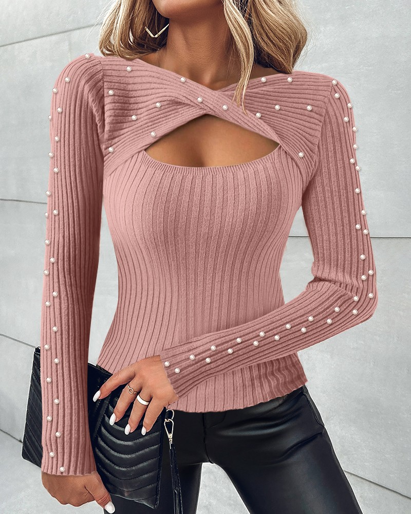 Hollow Out Knit 3/4 Drop Shoulder Sweater