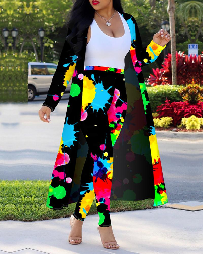 

Tie Dye Print Pants & Long Sleeve Cardigan Set, Black