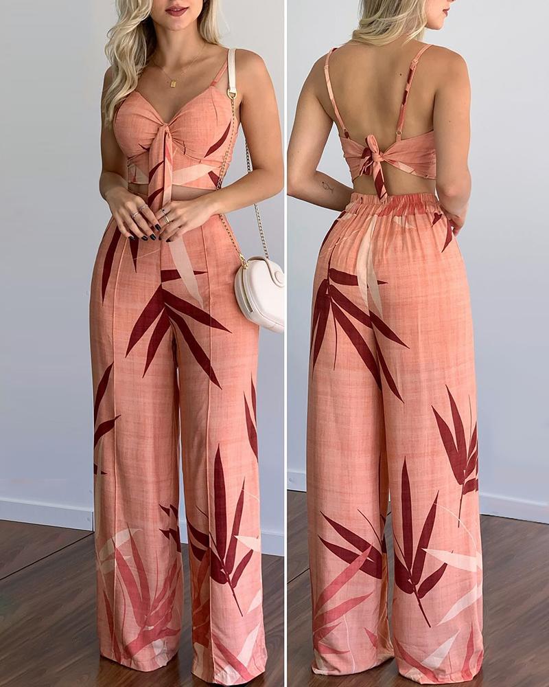 

Knotted Backless Leaf Print Crop Top & Wide Leg Pants Set, Pink