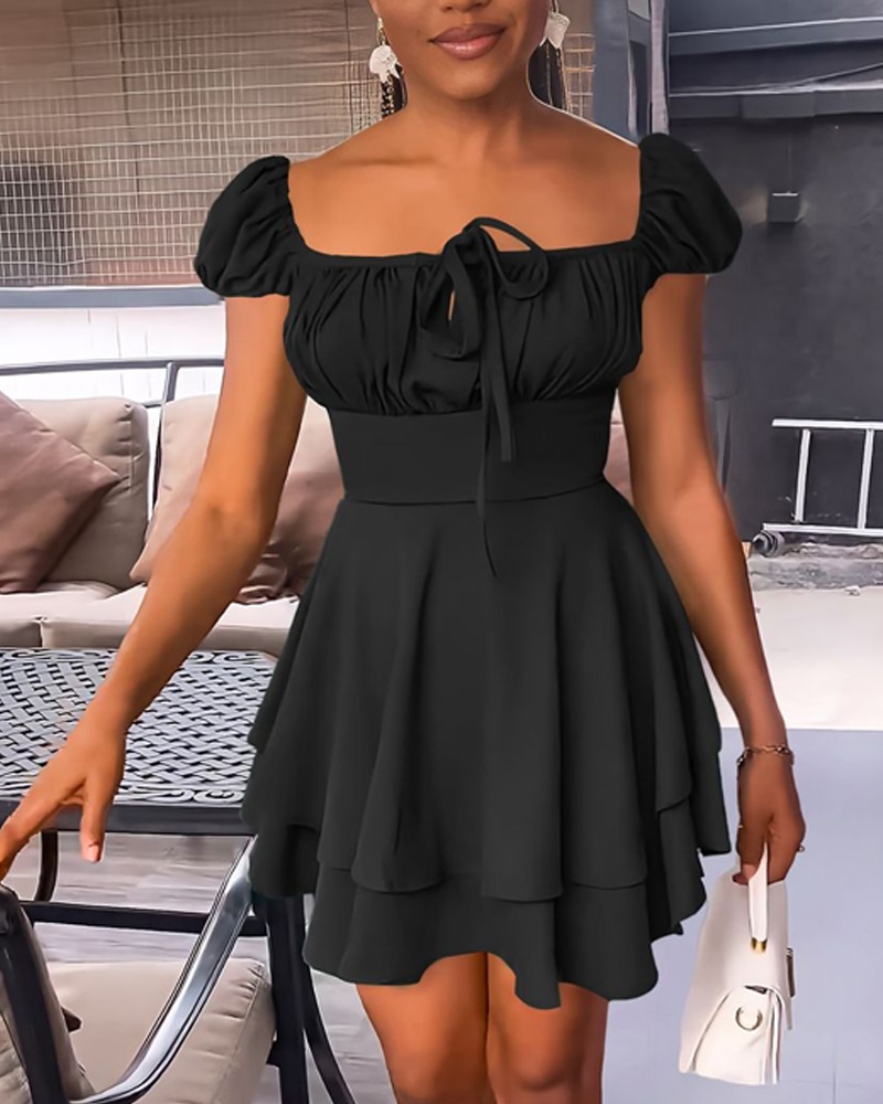 

Puff Sleeve Layered Ruffles Casual Dress, Black