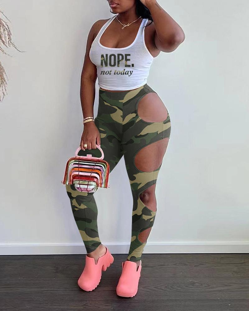 

Camo Letter Print Tank Top & Cutout Pants Set, Style1