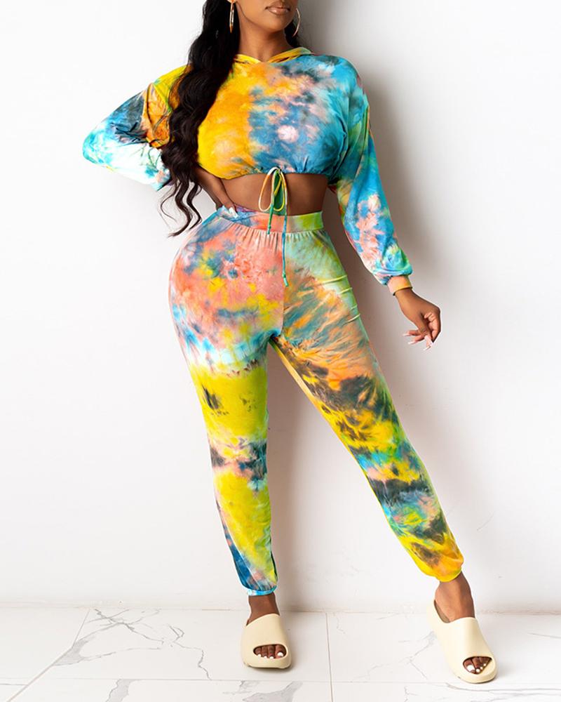 

Tie Dye Print Drawstring Hooded Sweatshirt & High Waist Pants Set, Yellow