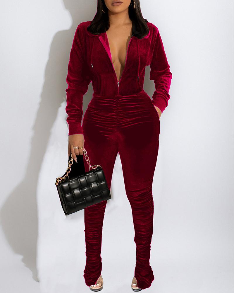 

Velvet Hooded Top & Pocket Design Ruched Pants Set, Wine red