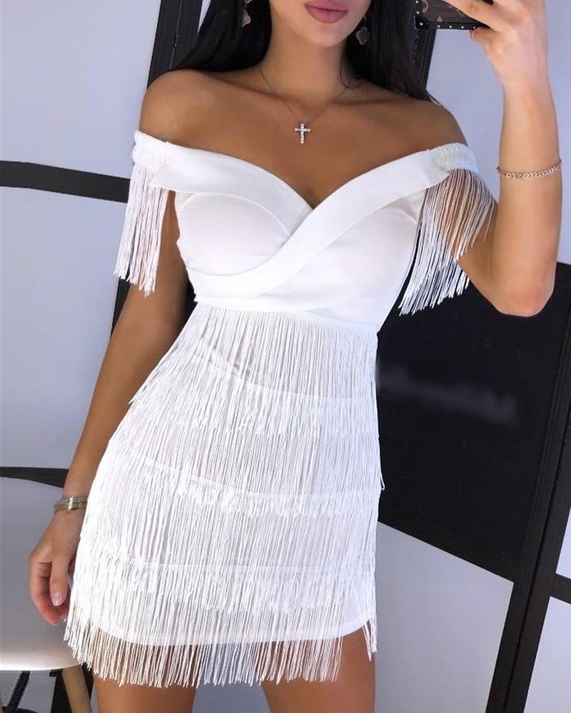 

Solid Off Shoulder Tassel Design Dress, White