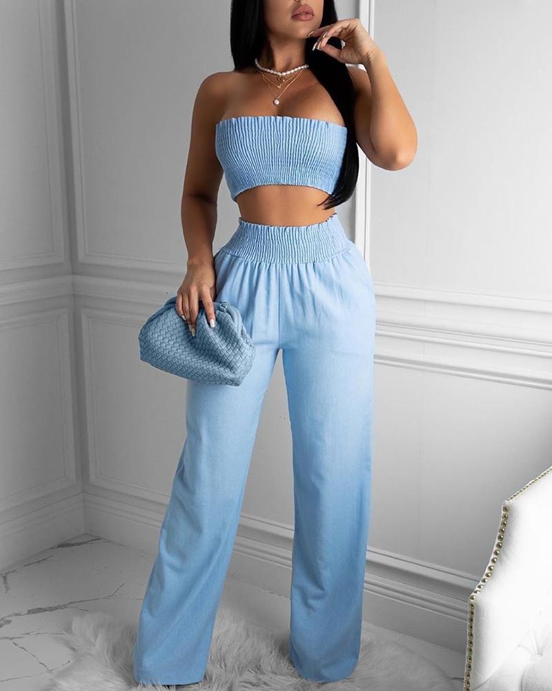 

Bandeau Shirring Design Top & Pants Set, Blue