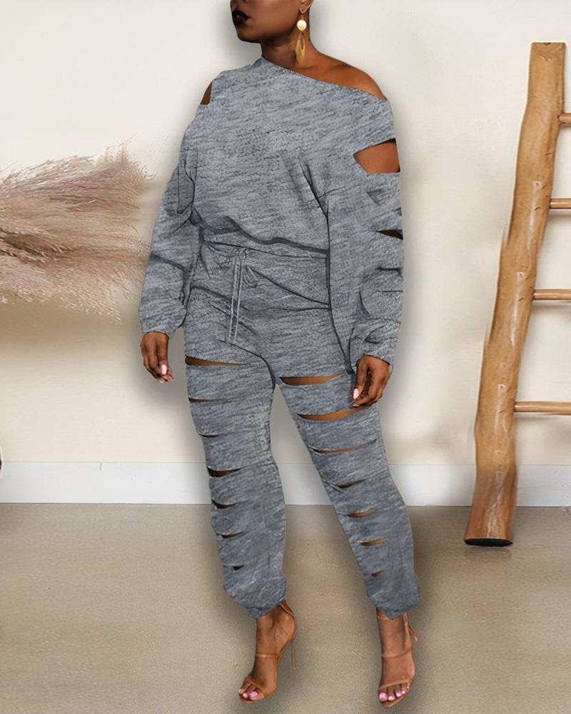 

Ladder Cutout Long Sleeve Top & Drawstring Pants Set, Gray