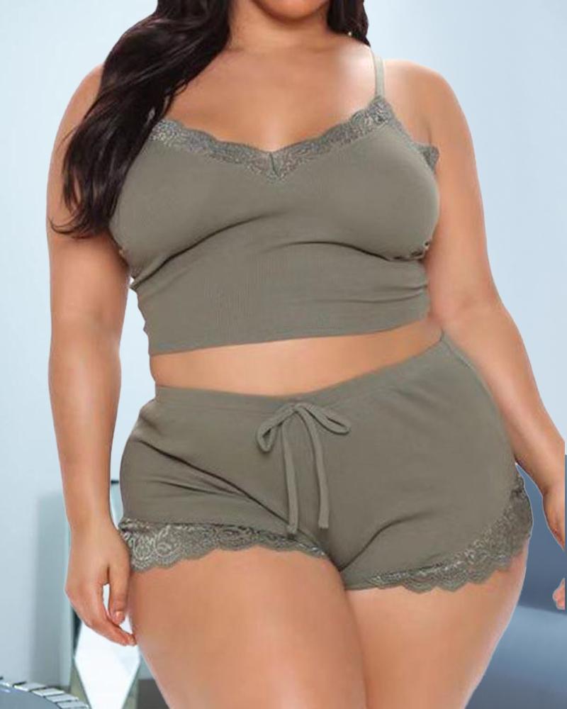

Plus Size Contrast Lace Cami Set, Green