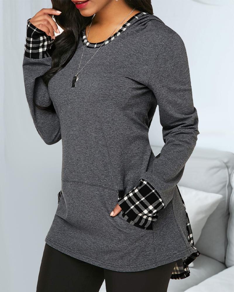 

Plaid Print Patchwork Pocket Design Top, Dark grey
