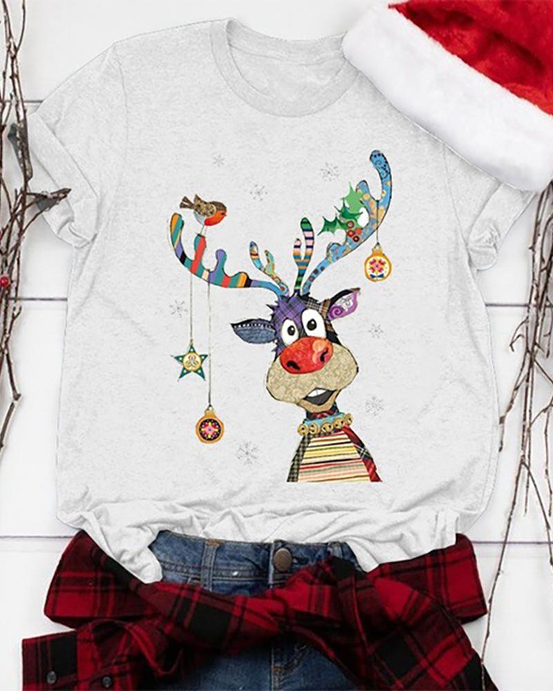 

Christmas Moose Print Casual T-shirt, White