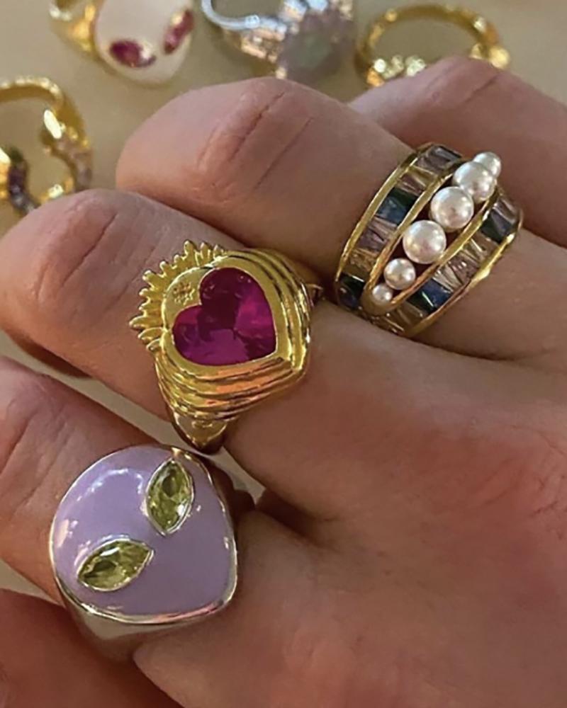 

3PCS Alien & Heart Shaped Beaded Decor Rings Set, Gold&red