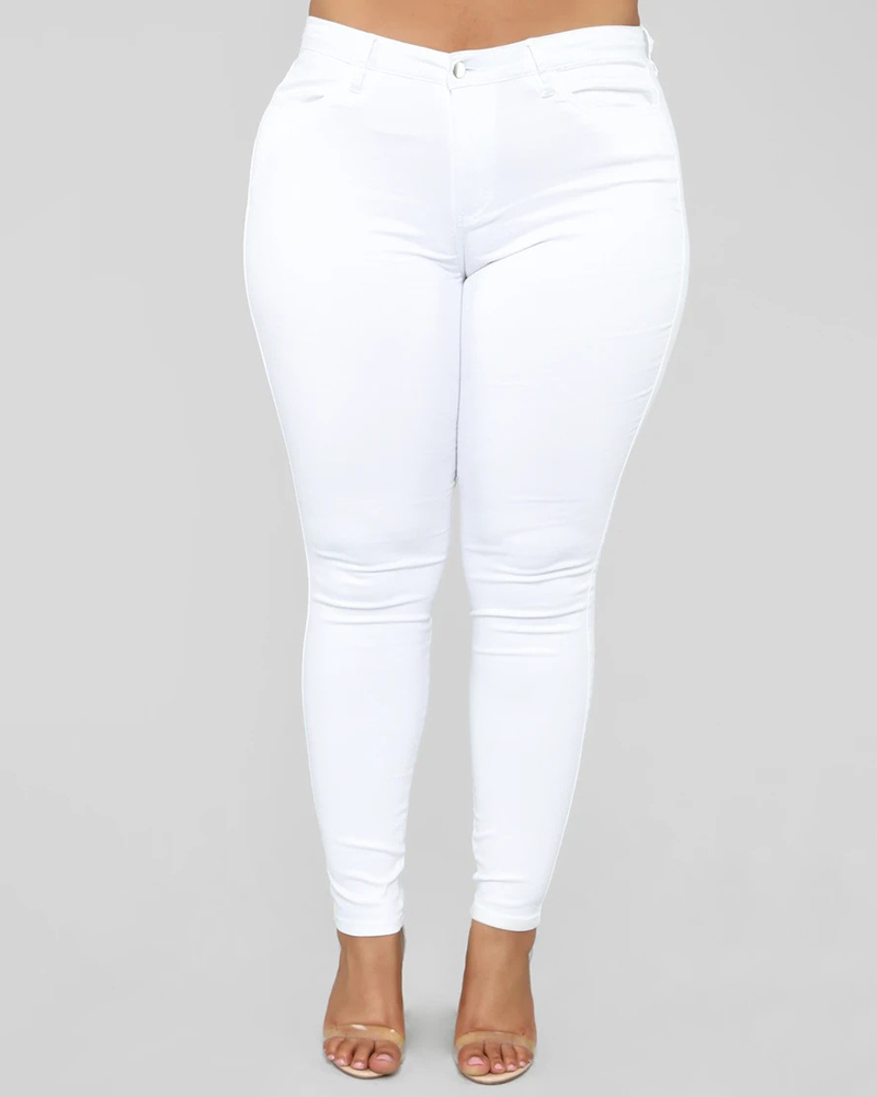 

Plus Size Button Pocket Decor Skinny Jeans, White