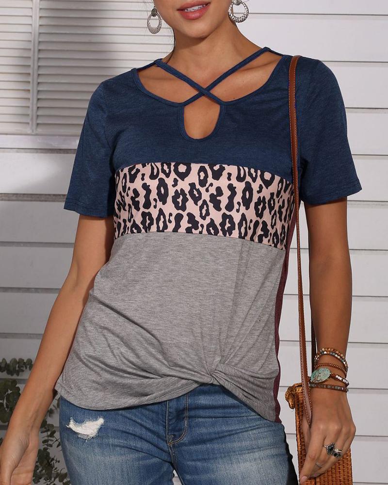 

Leopard Print Crisscross Casual T-shirt, Dark blue