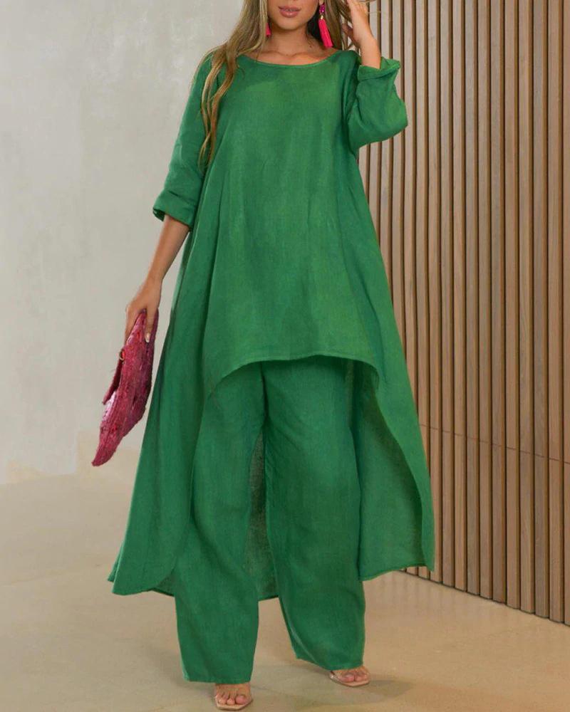 

Dip Hem Longline Top & Pants Set, Green