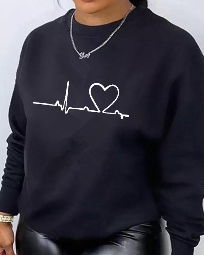 

Heart Print Long Sleeve Casual Sweatshirt, Black