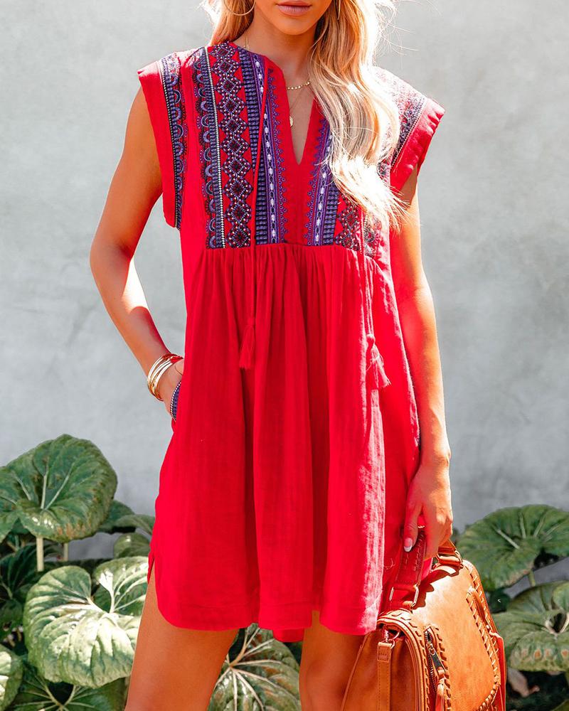 

Boho Floral Print Patchwork Sleeveless Mini Dress, Red