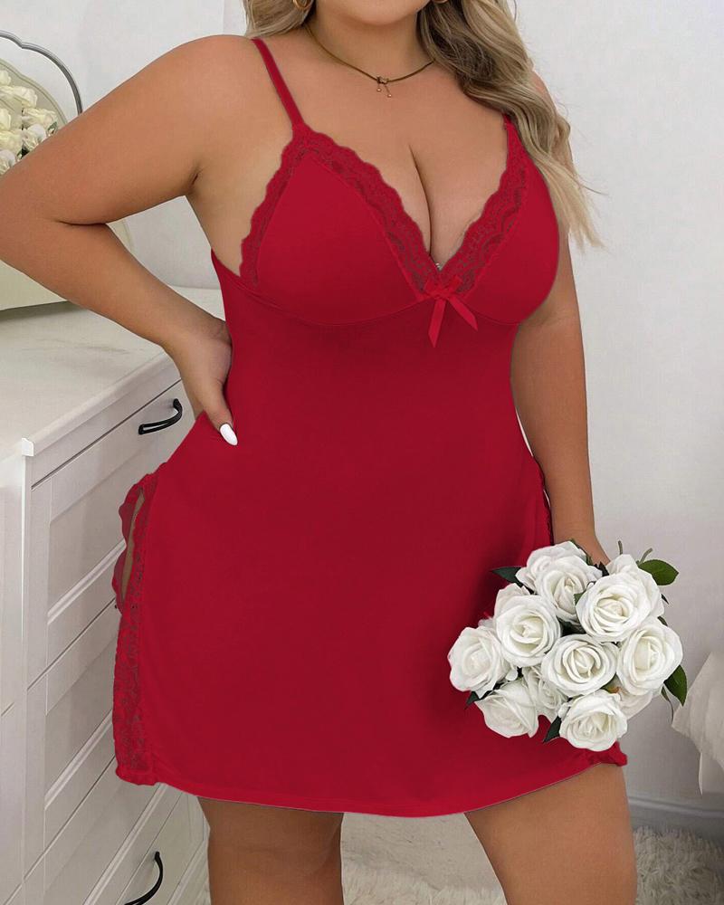 

Plus Size Bowknot Decor Lace Patch Slit Sleep Dress, Red