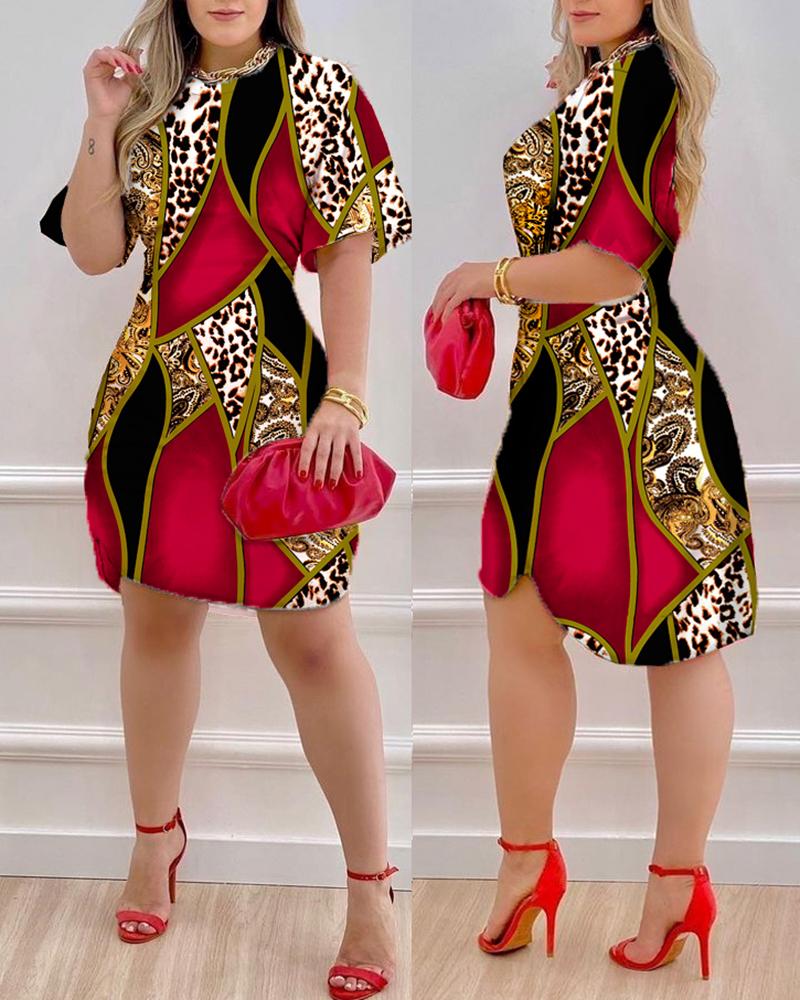 

Baroque Leopard Print Half Sleeve Dress, Red