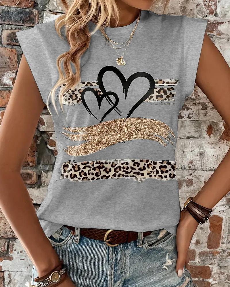 

Camiseta com estampa de leopardo e estampa de coração, manga curta, casual, folgada, regata, Gray