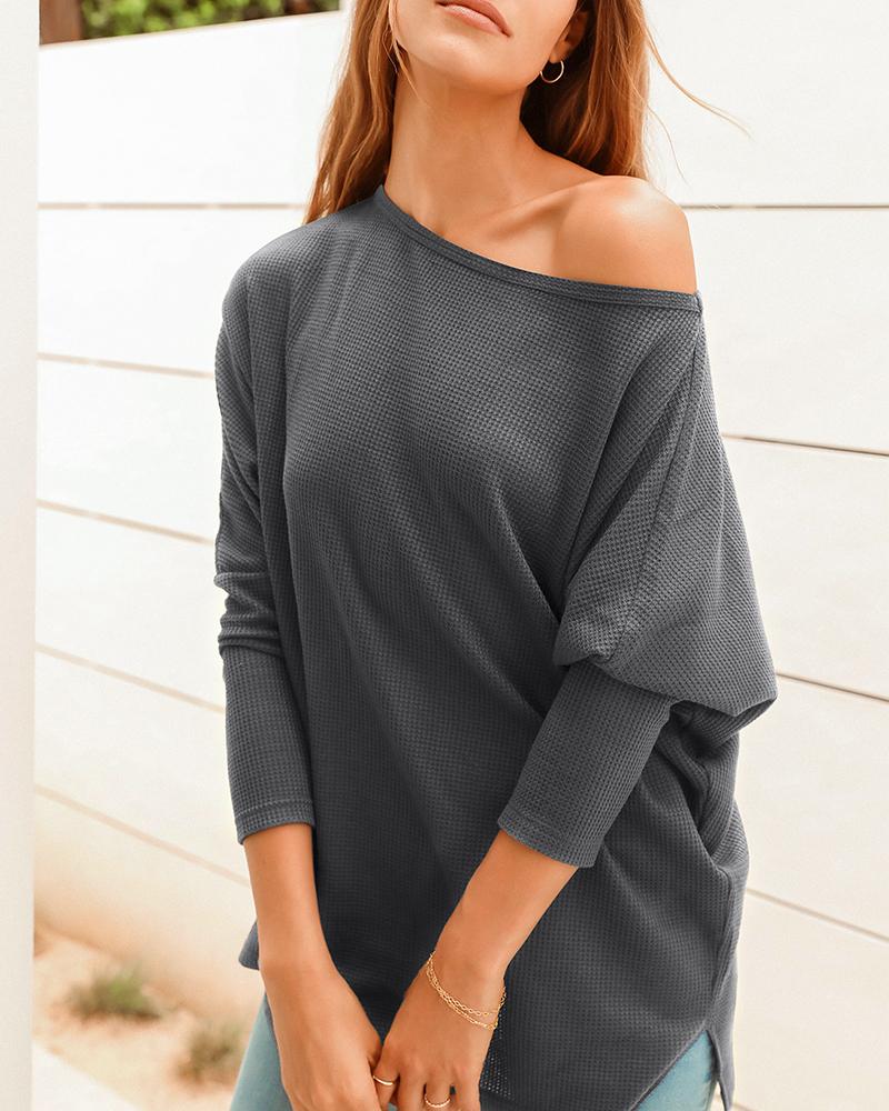 

Round Neck Long Sleeve Slit Waffle Knit Top, Gray
