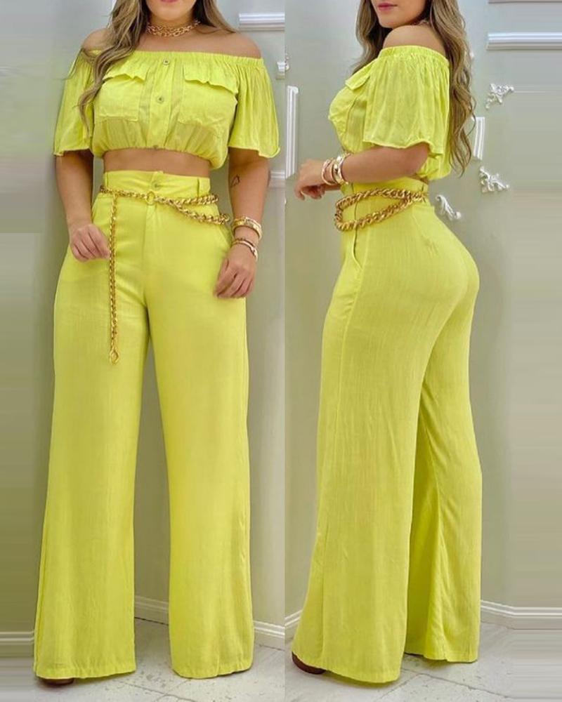

Off Shoulder Buttoned Top & High Waist Pants Set, Yellow