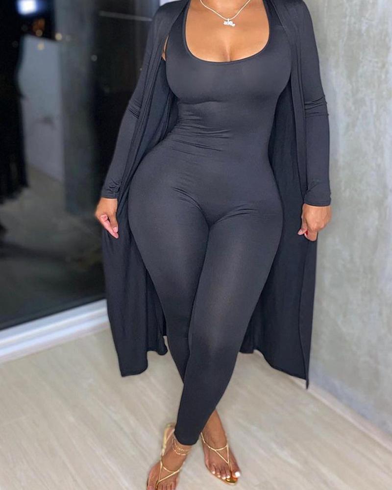 

U-Neck Sleeveless Jumpsuit & Longline Coat Set, Black