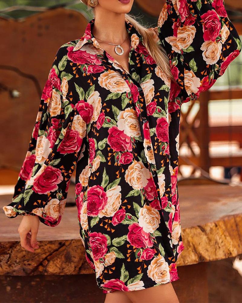 

Floral Print Lantern Sleeve Button Front Shirt Dress, Multicolor