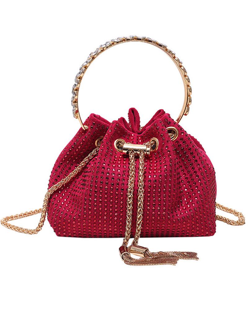 

Rhinestone Chain Drawstring Bucket Fashionable Bag, Hot pink