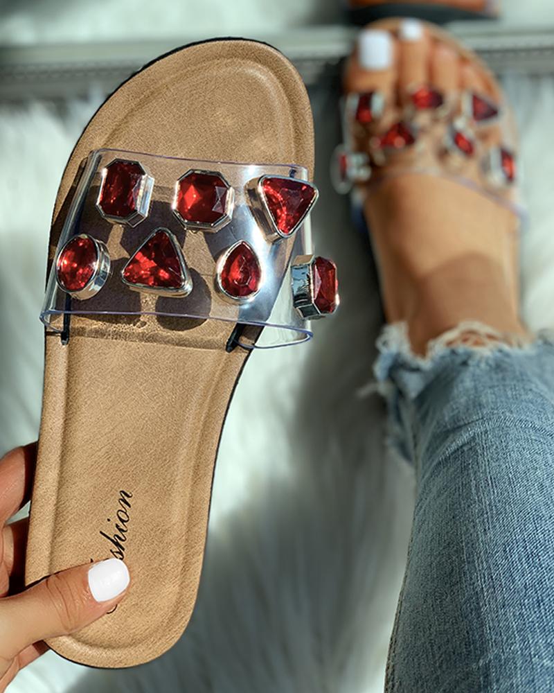 

Open Toe Studded Flat Slipper, Red