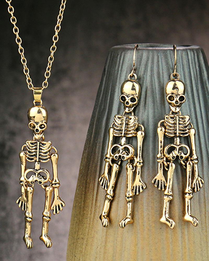 

2PCS Halloween Skeleton Pendant Necklace & Hook Earrings Jewelry Set, Gold