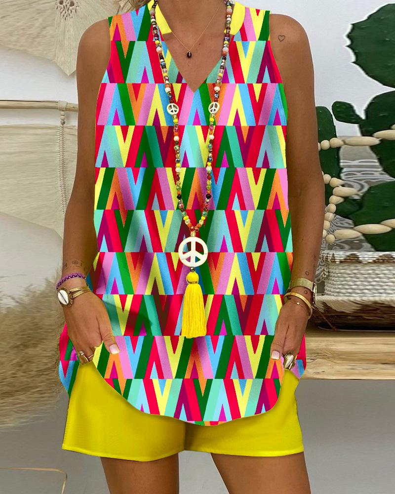 

Rainbow Stripe Geometric Print Top & Shorts Set, Multicolor