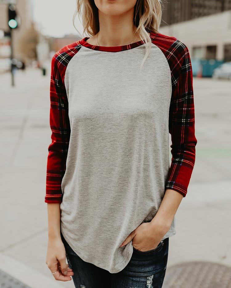 

Splicing Plaid Raglan Sleeve Casual Top, Gray