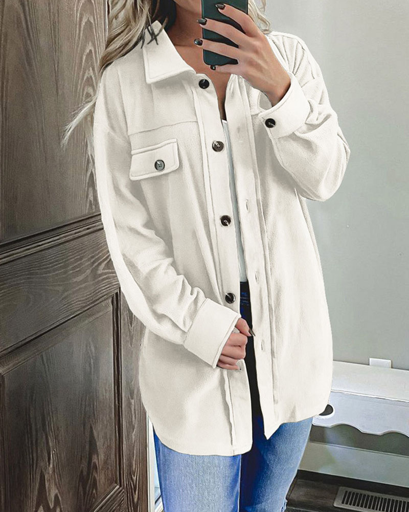 

Long Sleeve Flap Detail Button Down Shacket, White