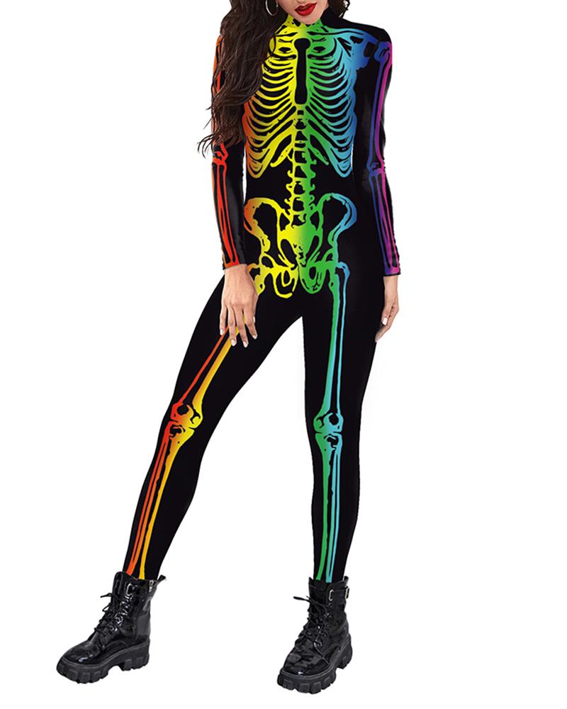 

Halloween Carnival Colorful Skeleton Print Costume Jumpsuit, Multicolor