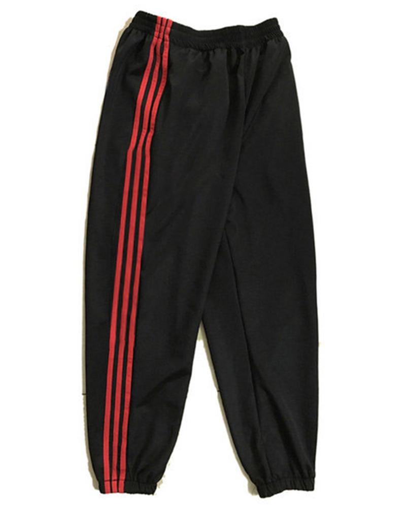 

Solid Color Side Striped Baggy Jogger Pants, Black&red