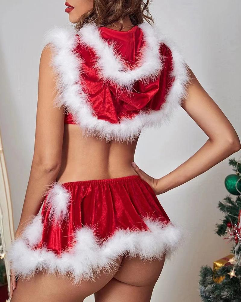 

Feather Pom Pom Decor Velvet Christmas Costumes, Red