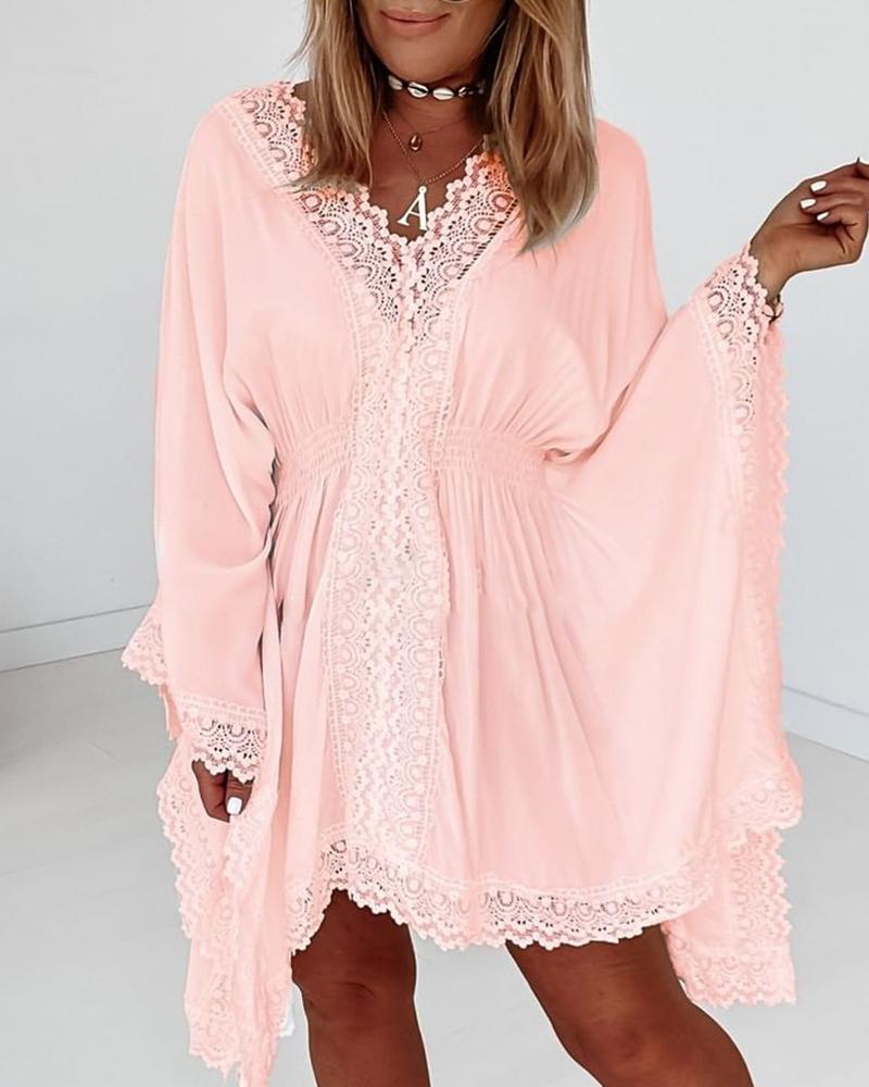 

Guipure Lace Shirring Detail Batwing Sleeve Dress, Pink